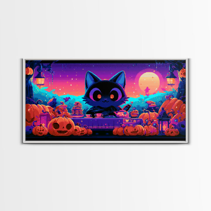 The Pumpkin Tea Party, 80s Halloween Wall Art, Wide Panoramic Art, Canvas Print, Retro Halloween Decor, Neon Wall Art