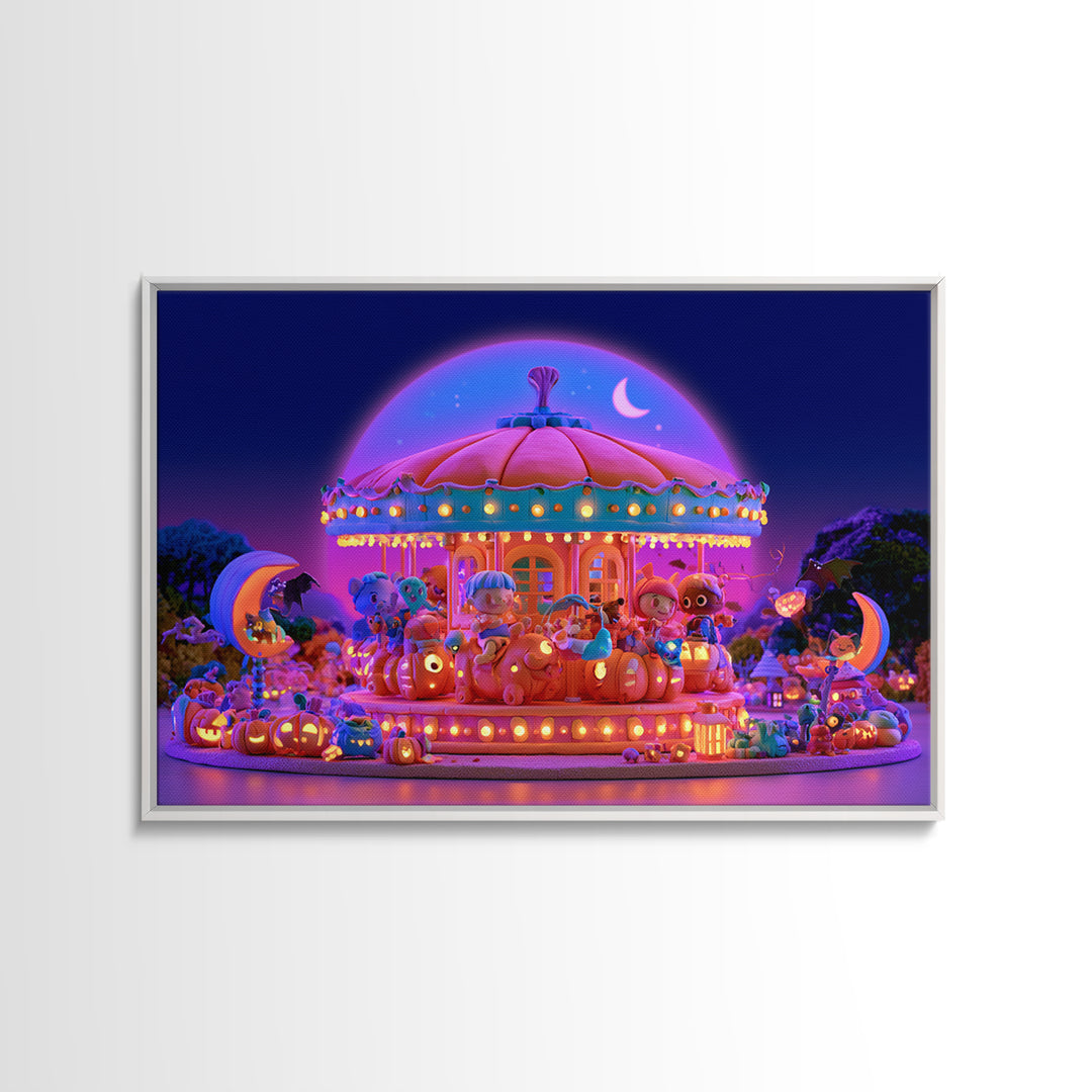 The Pumpkin Carousel, Retro Neon Halloween Art, Landscape Wall Art, Framed Canvas Print, Retro Halloween Decor, Neon Wall Art