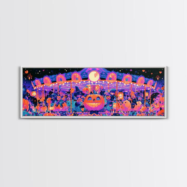 The Pumpkin Carousel, Synthwave Halloween Art, Extra Wide Wall Art, Framed Canvas Print, Retro Halloween Decor, Neon Wall Art