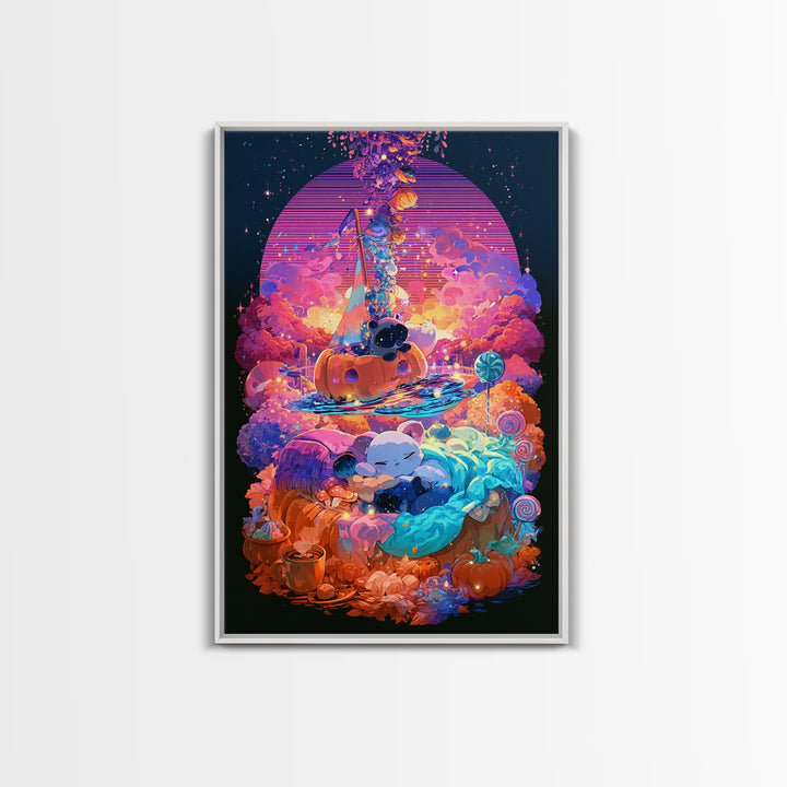 The Pumpkin Sailboat, Vaporwave Halloween Decor, Vertical Wall Art, Framed Canvas Print, Retro Halloween Decor, Neon Wall Art