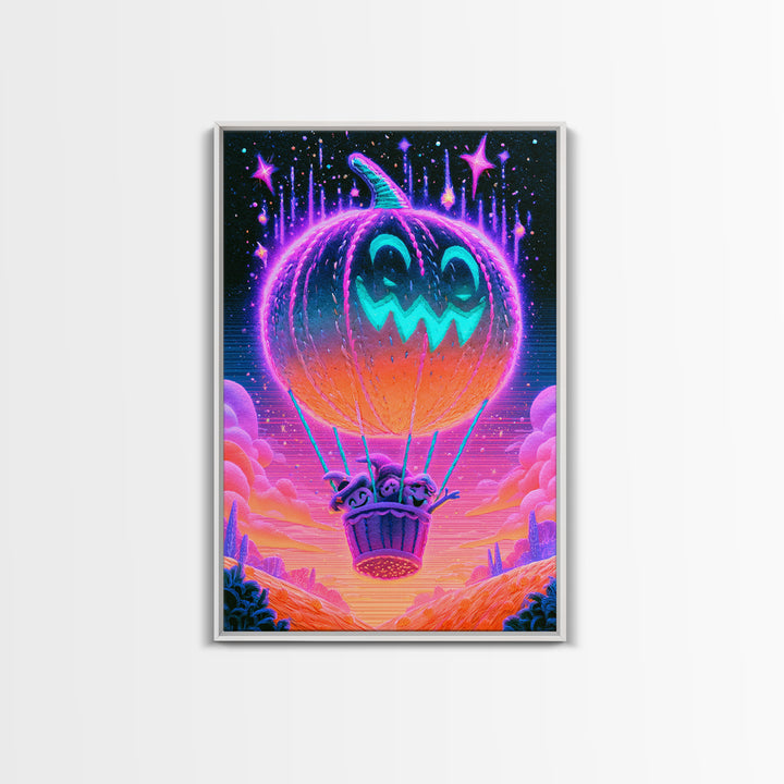 The Pumpkin Hot-Air Balloon, Cute Spooky Neon Art, Vertical Wall Art, Framed Canvas Print, Retro Halloween Decor, Neon Wall Art
