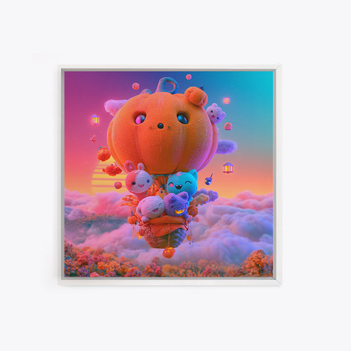 The Pumpkin Hot-Air Balloon, Cute Spooky Neon Art, Square Wall Art, Canvas Print, Retro Halloween Decor, Neon Wall Art, Dark Fantasy Art