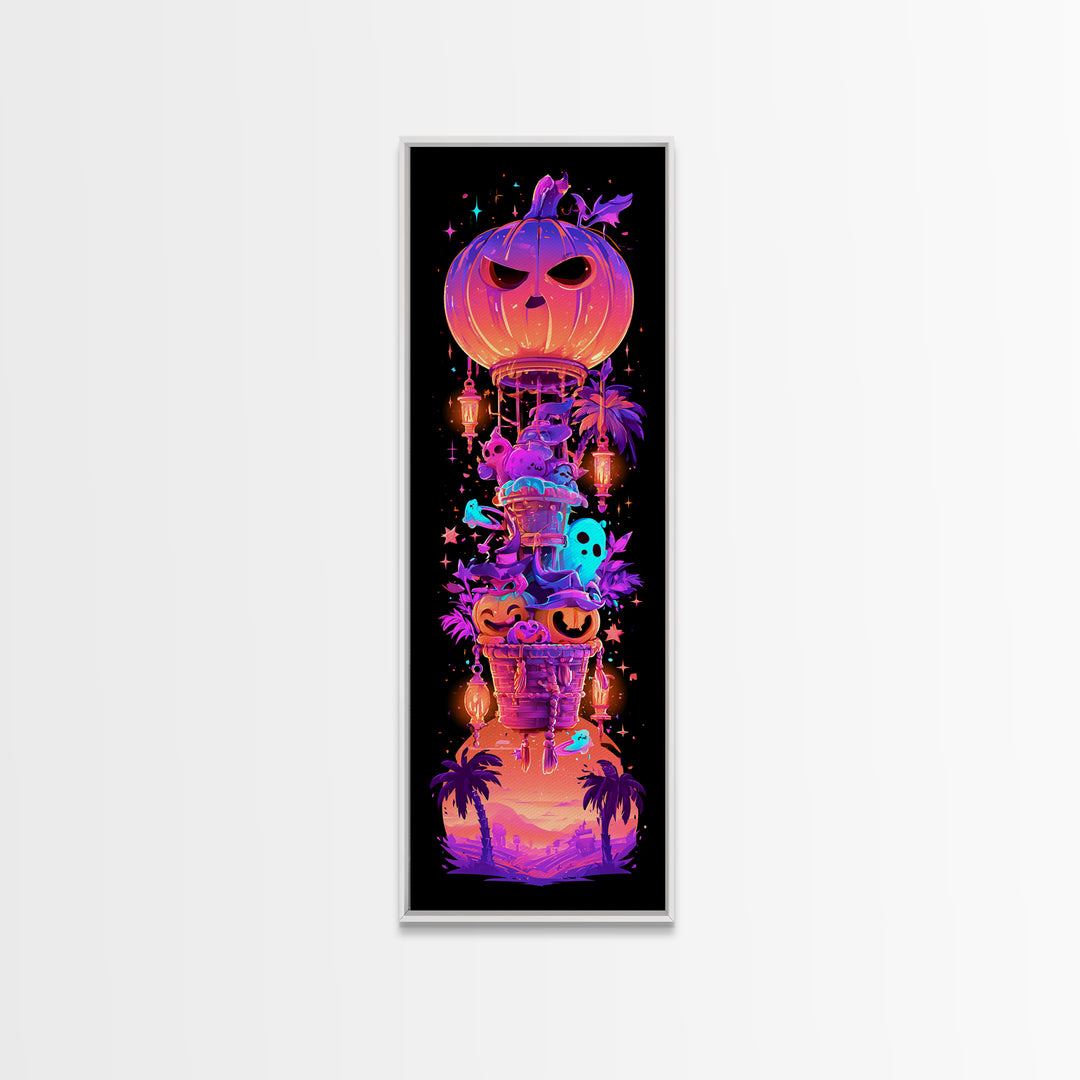 The Pumpkin Hot-Air Balloon, Synthwave Halloween Art, Tall Narrow Wall Art, Framed Canvas Print, Retro Halloween Decor, Neon Wall Art