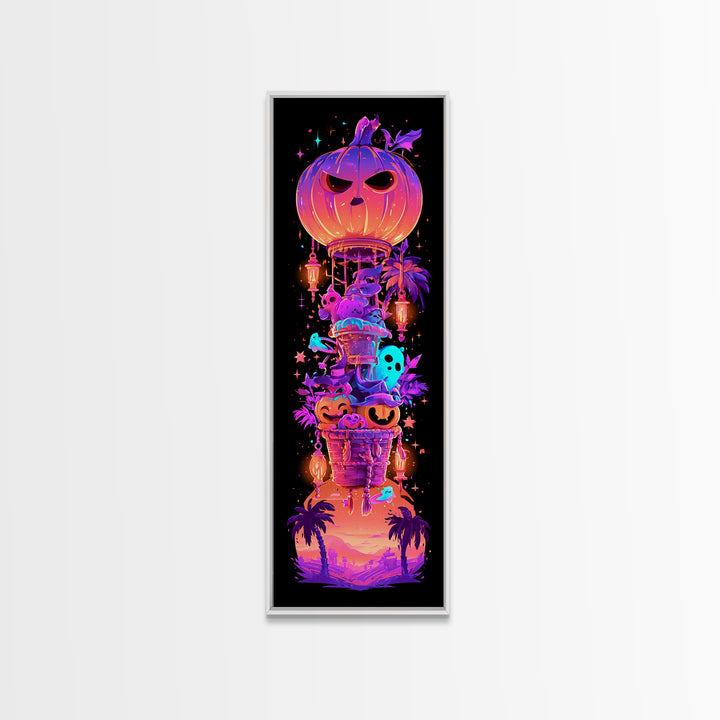 The Pumpkin Hot-Air Balloon, Synthwave Halloween Art, Tall Narrow Wall Art, Framed Canvas Print, Retro Halloween Decor, Neon Wall Art