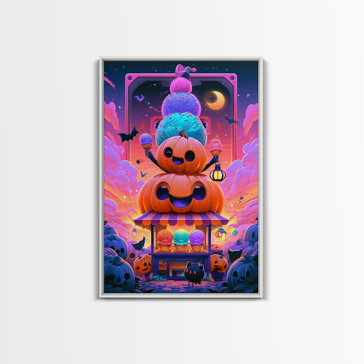 The Pumpkin Ice-Cream Stand, Synthwave Halloween Art, Vertical Wall Art, Canvas Print, Retro Halloween Decor, Neon Wall Art