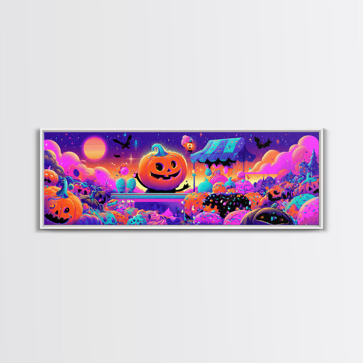 The Pumpkin Ice-Cream Stand, Retro Neon Halloween Art, Extra Wide Wall Art, Canvas Print, Retro Halloween Decor, Neon Wall Art