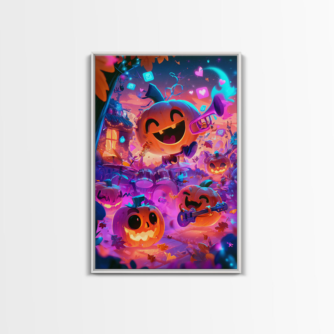 The Pumpkin Music Band, Cute Spooky Neon Art, Vertical Wall Art, Canvas Print, Retro Halloween Decor, Neon Wall Art, Halloween Wall Art