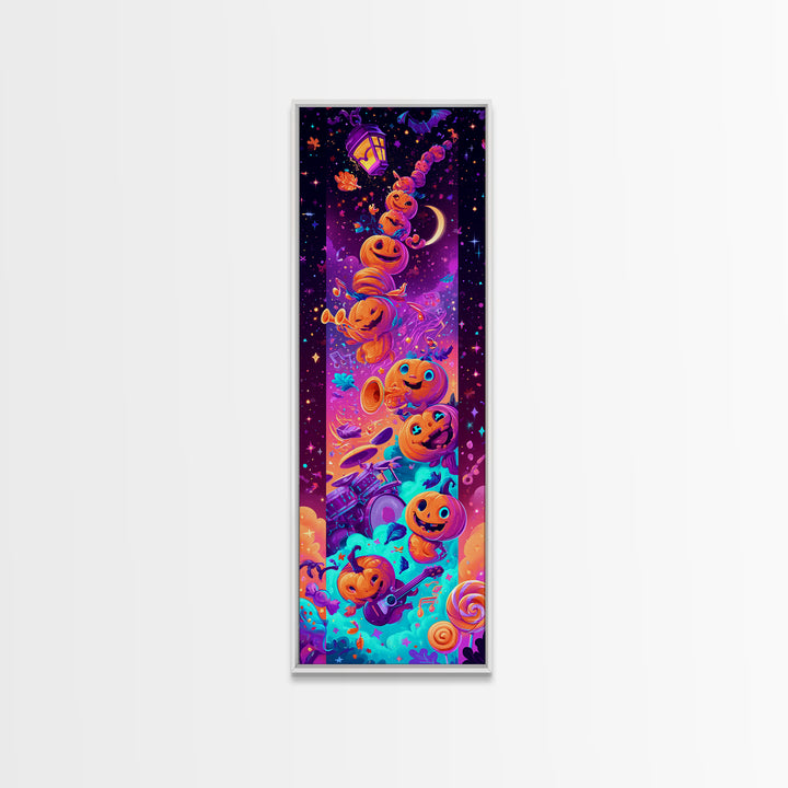 The Pumpkin Music Band, 80s Halloween Wall Art, Tall Narrow Wall Art, Canvas Print, Retro Halloween Decor, Neon Wall Art, Spooky Wall Decor