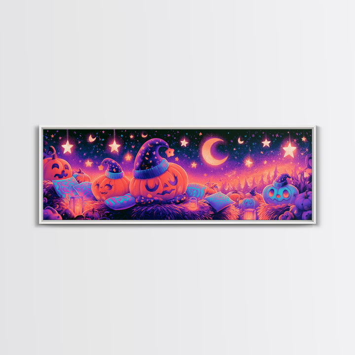 The Pumpkin Pajama Party, Synthwave Halloween Art, Extra Wide Wall Art, Framed Canvas Print, Retro Halloween Decor, Neon Wall Art
