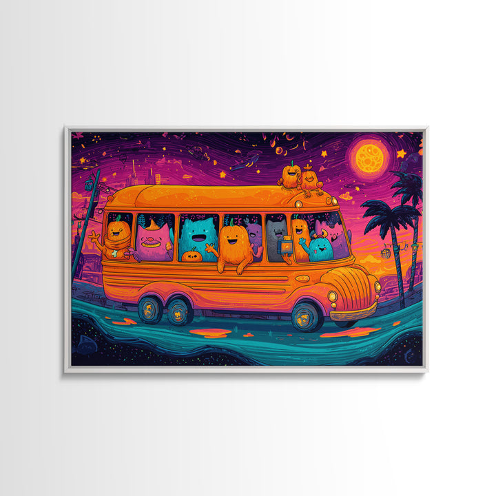 The Pumpkin School Bus, 80s Halloween Wall Art, Landscape Wall Art, Framed Canvas Print, Retro Halloween Decor, Neon Wall Art