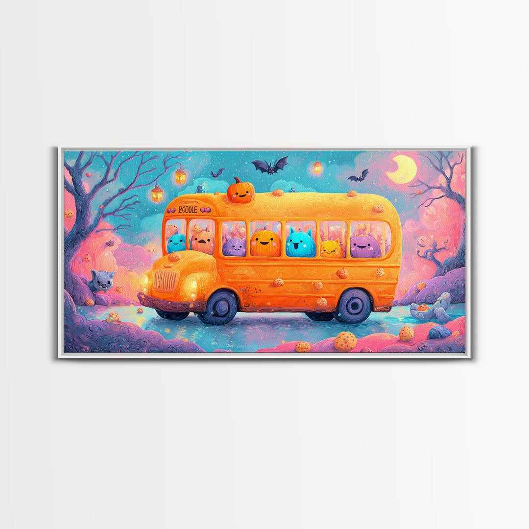 The Pumpkin School Bus, 80s Halloween Wall Art, Wide Panoramic Art, Canvas Print, Retro Halloween Decor, Neon Wall Art, Statement Wall Art