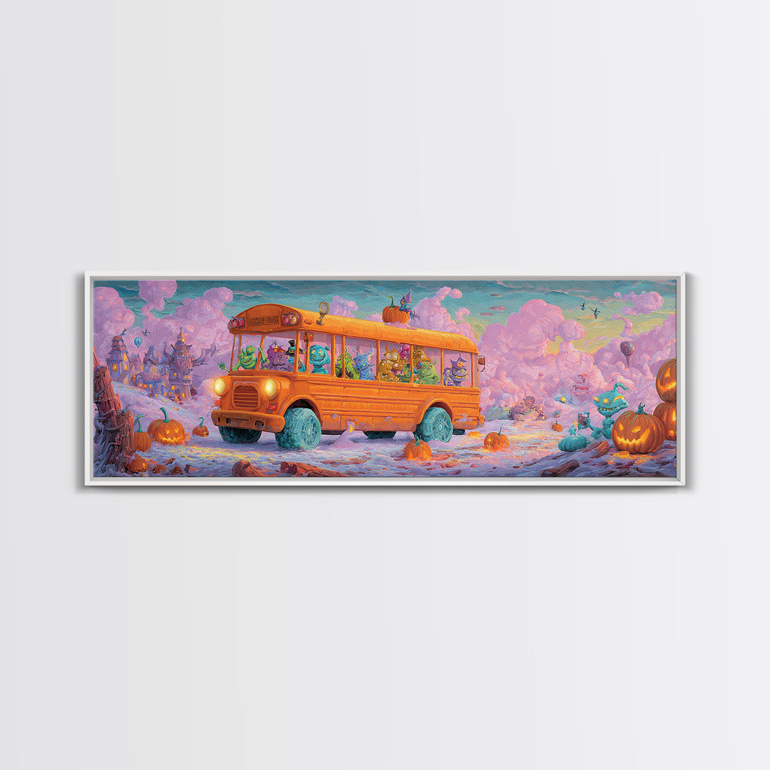 The Pumpkin School Bus, 80s Halloween Wall Art, Extra Wide Wall Art, Framed Canvas Print, Retro Halloween Decor, Neon Wall Art