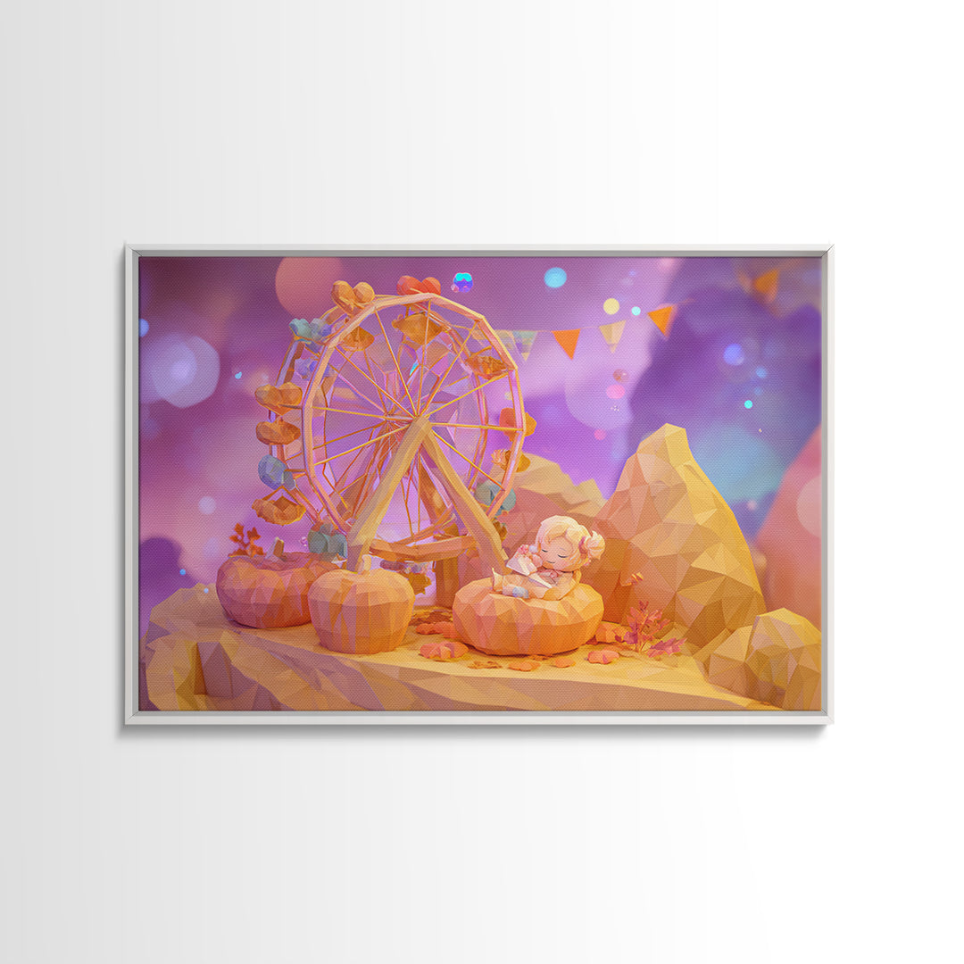 The Pumpkin Ferris Wheel, 80s Halloween Wall Art, Landscape Wall Art, Canvas Print, Retro Halloween Decor, Neon Wall Art, Dark Fantasy Art