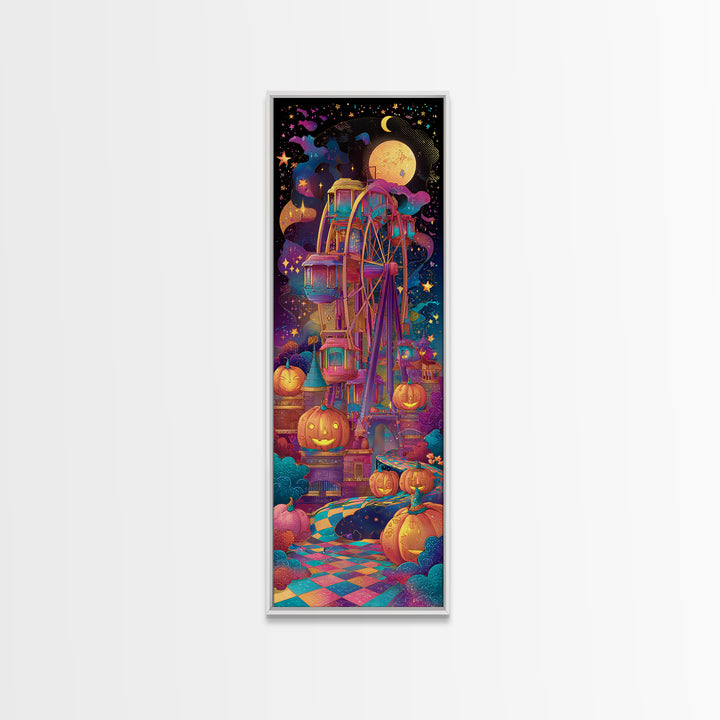The Pumpkin Ferris Wheel, Retro Neon Halloween Art, Tall Narrow Wall Art, Framed Canvas Print, Retro Halloween Decor, Neon Wall Art