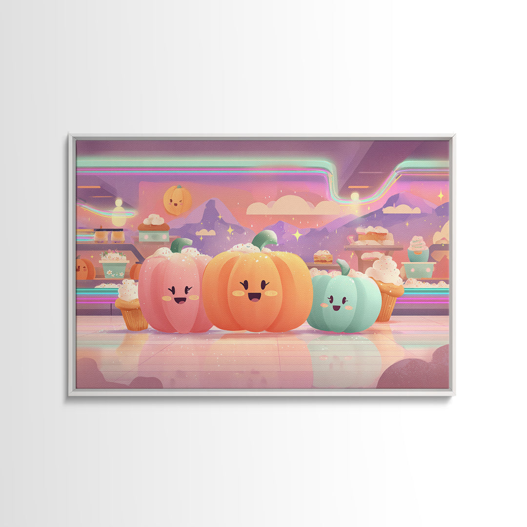 The Pumpkin Bakery, Vaporwave Halloween Decor, Landscape Wall Art, Framed Canvas Print, Retro Halloween Decor, Neon Wall Art