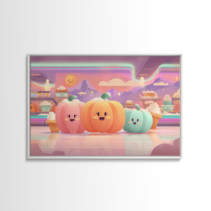 The Pumpkin Bakery, Vaporwave Halloween Decor, Landscape Wall Art, Framed Canvas Print, Retro Halloween Decor, Neon Wall Art