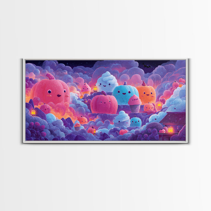The Pumpkin Bakery, 80s Halloween Wall Art, Wide Panoramic Art, Canvas Print, Retro Halloween Decor, Neon Wall Art, Collectible Wall Decor