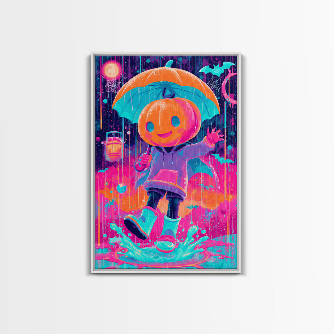 The Pumpkin Umbrella, Cute Spooky Neon Art, Vertical Wall Art, Canvas Print, Retro Halloween Decor, Neon Wall Art, Spooky Wall Decor