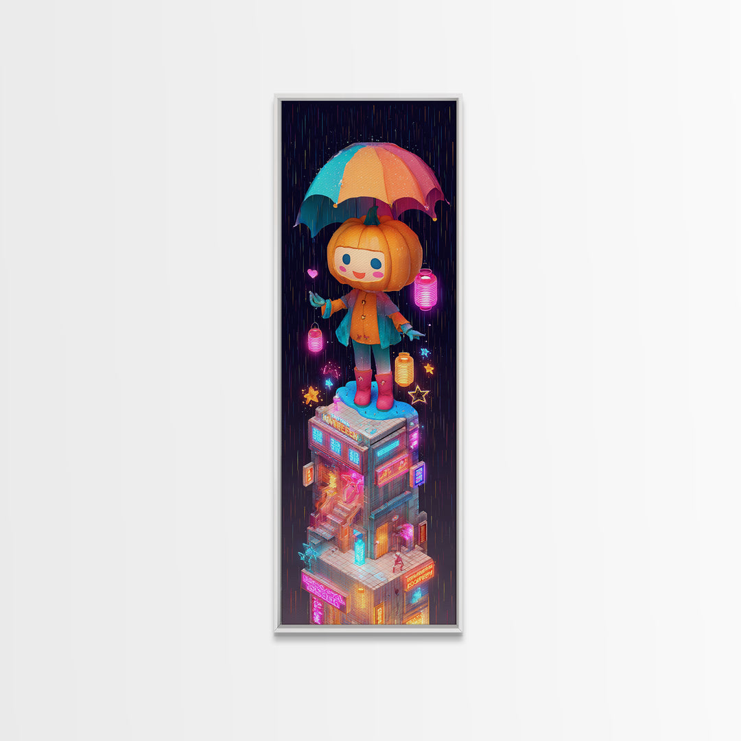 The Pumpkin Umbrella, Vaporwave Halloween Decor, Tall Narrow Wall Art, Framed Canvas Print, Retro Halloween Decor, Neon Wall Art