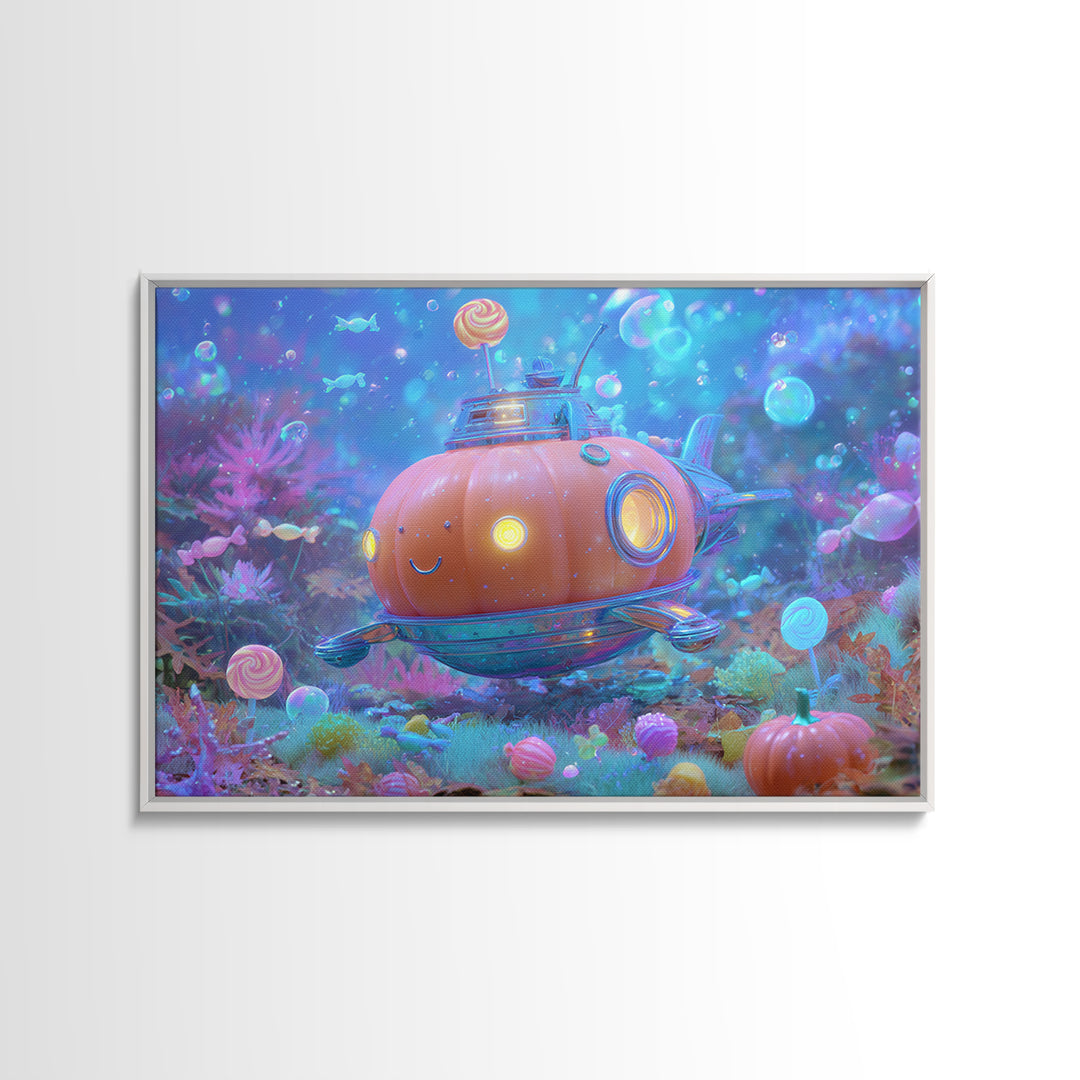The Pumpkin Submarine, Synthwave Halloween Art, Landscape Wall Art, Canvas Print, Retro Halloween Decor, Neon Wall Art