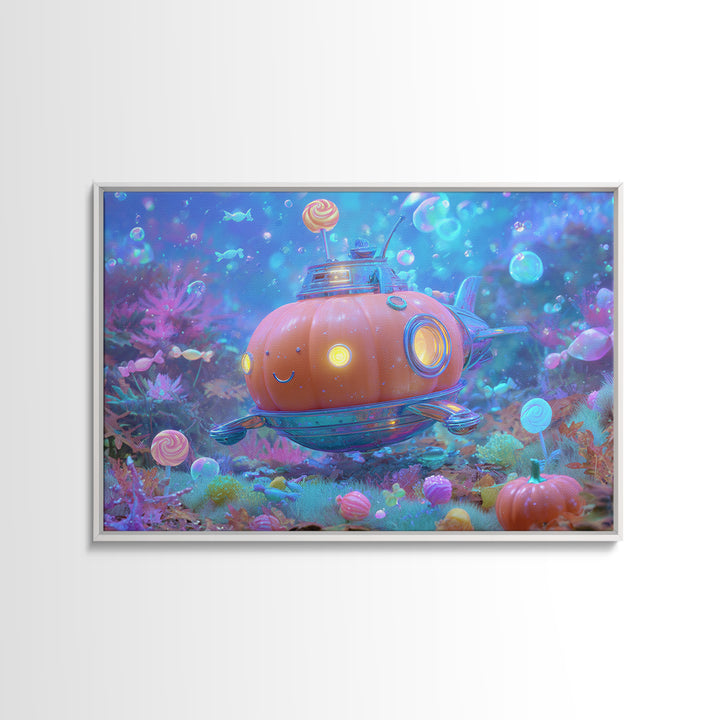 The Pumpkin Submarine, Synthwave Halloween Art, Landscape Wall Art, Canvas Print, Retro Halloween Decor, Neon Wall Art