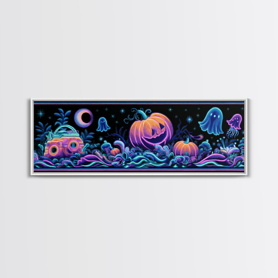 The Pumpkin Submarine, Cute Spooky Neon Art, Extra Wide Wall Art, Canvas Print, Retro Halloween Decor, Neon Wall Art, Collectible Wall Decor