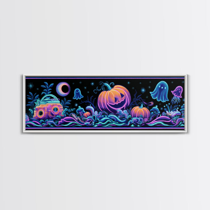 The Pumpkin Submarine, Cute Spooky Neon Art, Extra Wide Wall Art, Canvas Print, Retro Halloween Decor, Neon Wall Art, Collectible Wall Decor