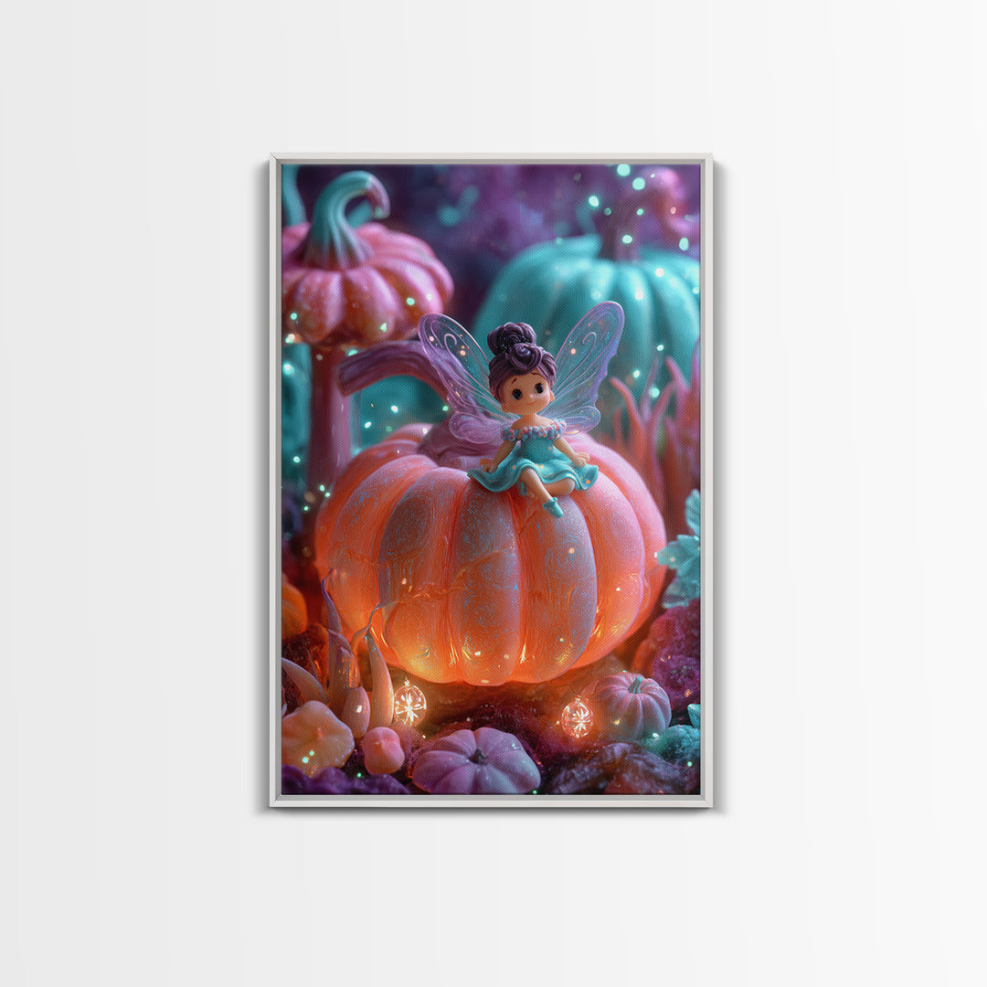The Pumpkin Fairy Garden, 80s Halloween Wall Art, Vertical Wall Art, Canvas Print, Retro Halloween Decor, Neon Wall Art