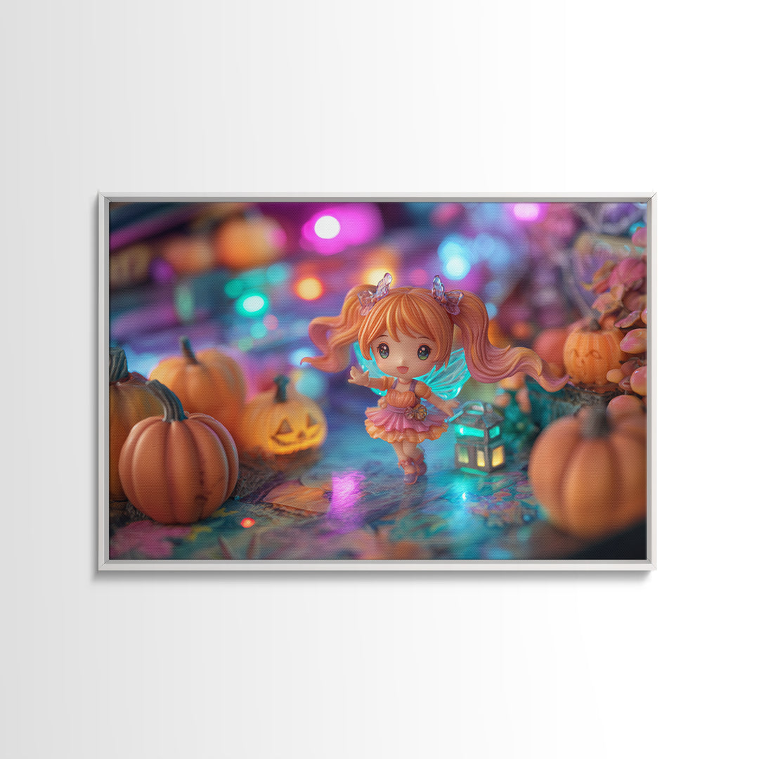 The Pumpkin Fairy Garden, Retro Neon Halloween Art, Landscape Wall Art, Canvas Print, Retro Halloween Decor, Neon Wall Art
