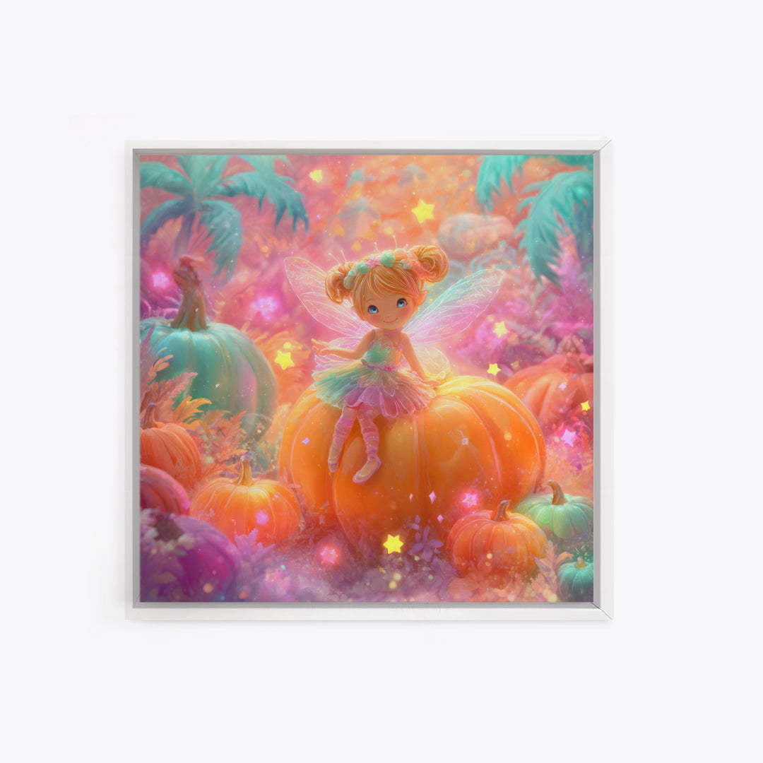The Pumpkin Fairy Garden, Cute Spooky Neon Art, Square Wall Art, Framed Canvas Print, Retro Halloween Decor, Neon Wall Art
