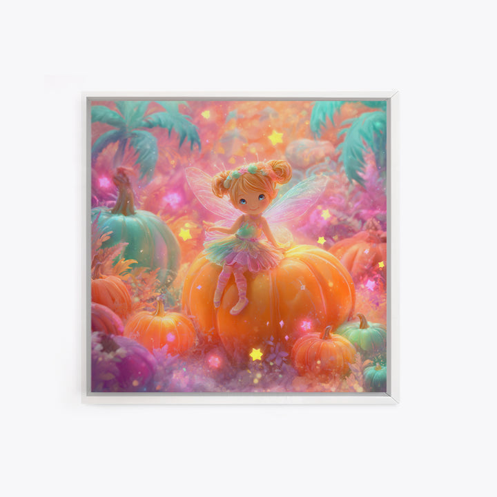 The Pumpkin Fairy Garden, Cute Spooky Neon Art, Square Wall Art, Framed Canvas Print, Retro Halloween Decor, Neon Wall Art
