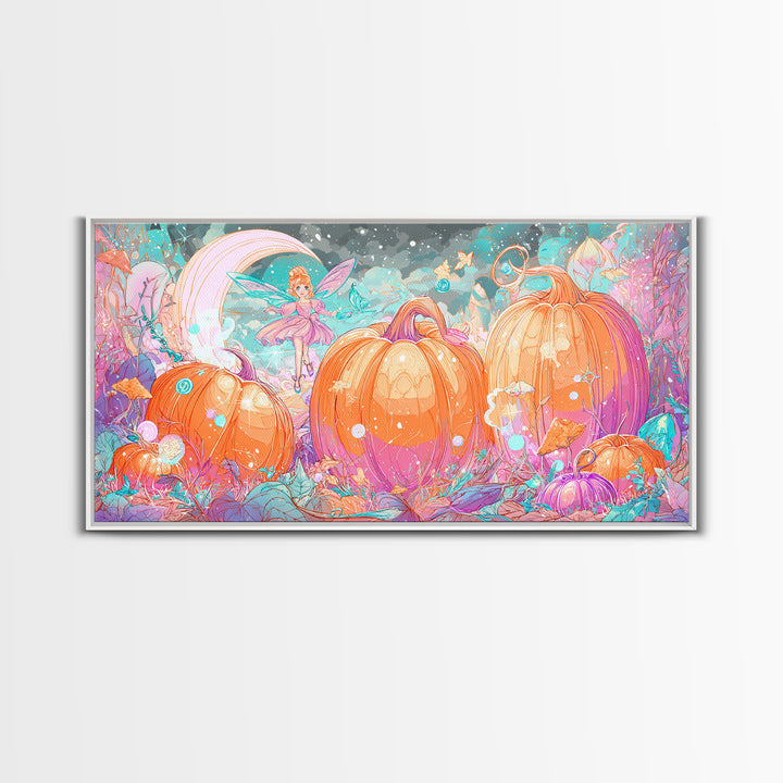The Pumpkin Fairy Garden, Vaporwave Halloween Decor, Wide Panoramic Art, Canvas Print, Retro Halloween Decor, Neon Wall Art