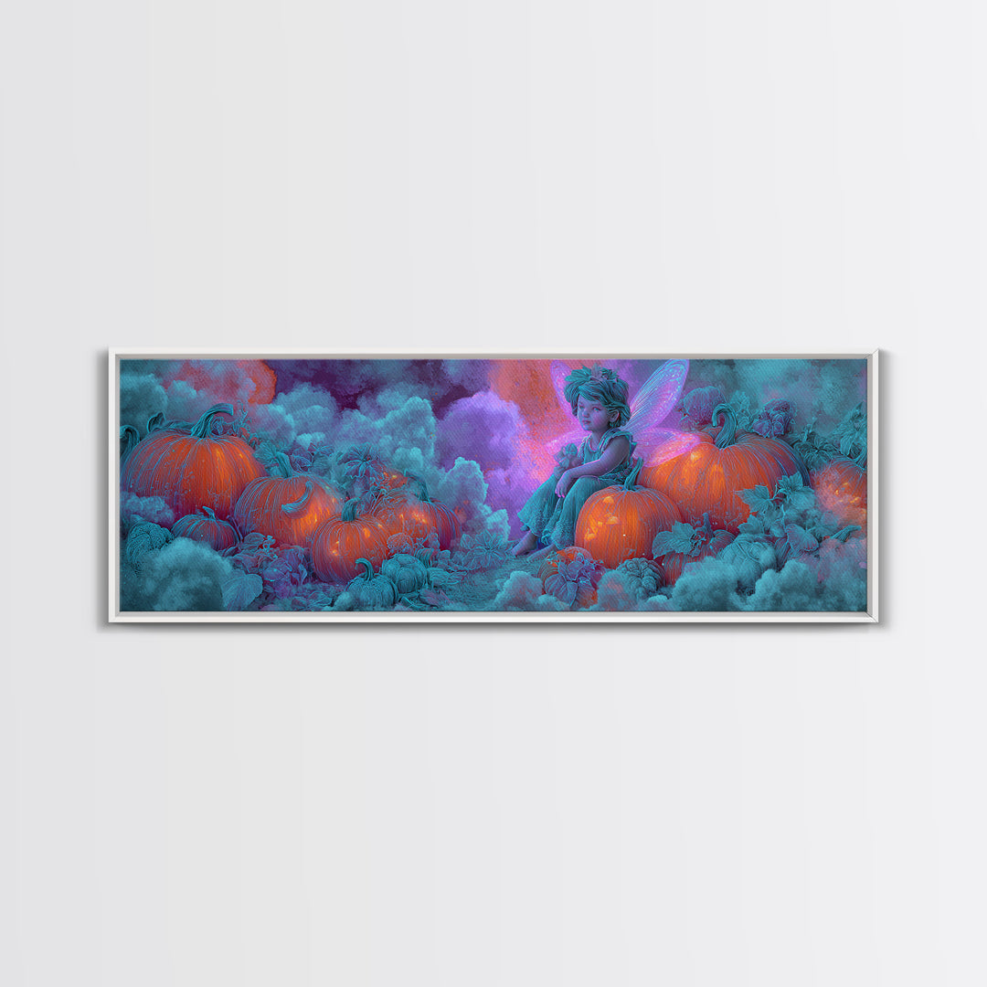 The Pumpkin Fairy Garden, Synthwave Halloween Art, Extra Wide Wall Art, Canvas Print, Retro Halloween Decor, Neon Wall Art, Horror Wall Art