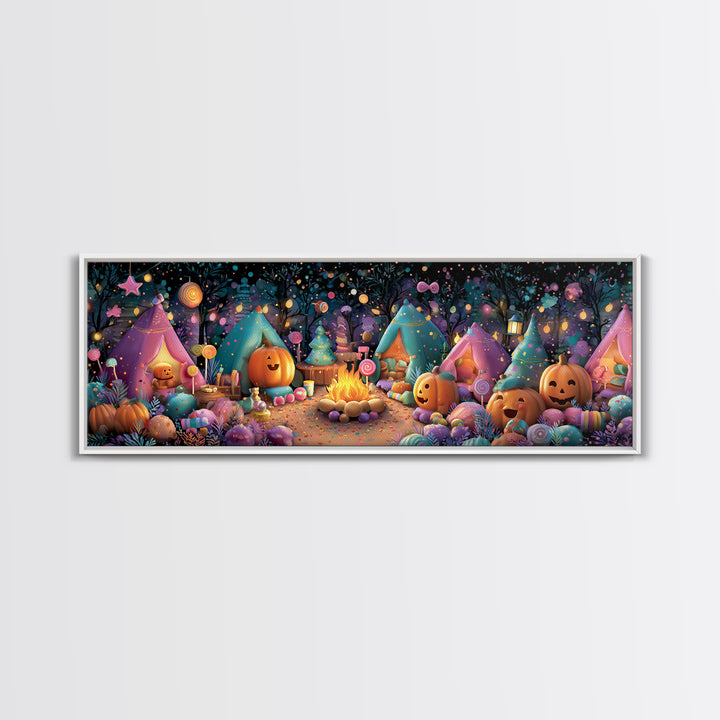 The Pumpkin Campout, Vaporwave Halloween Decor, Extra Wide Wall Art, Canvas Print, Retro Halloween Decor, Neon Wall Art, Statement Wall Art