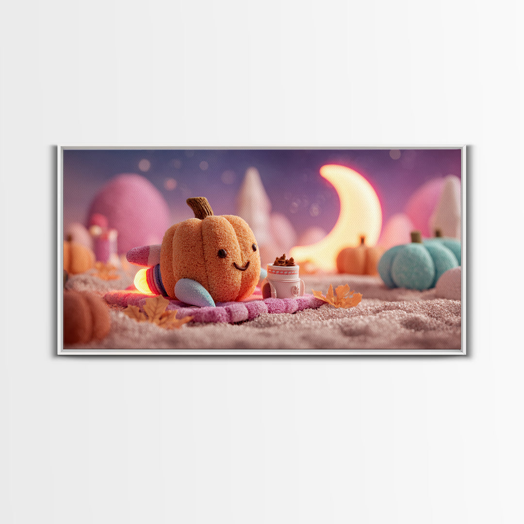 The Pumpkin Rocket Ship, Synthwave Halloween Art, Wide Panoramic Art, Framed Canvas Print, Retro Halloween Decor, Neon Wall Art