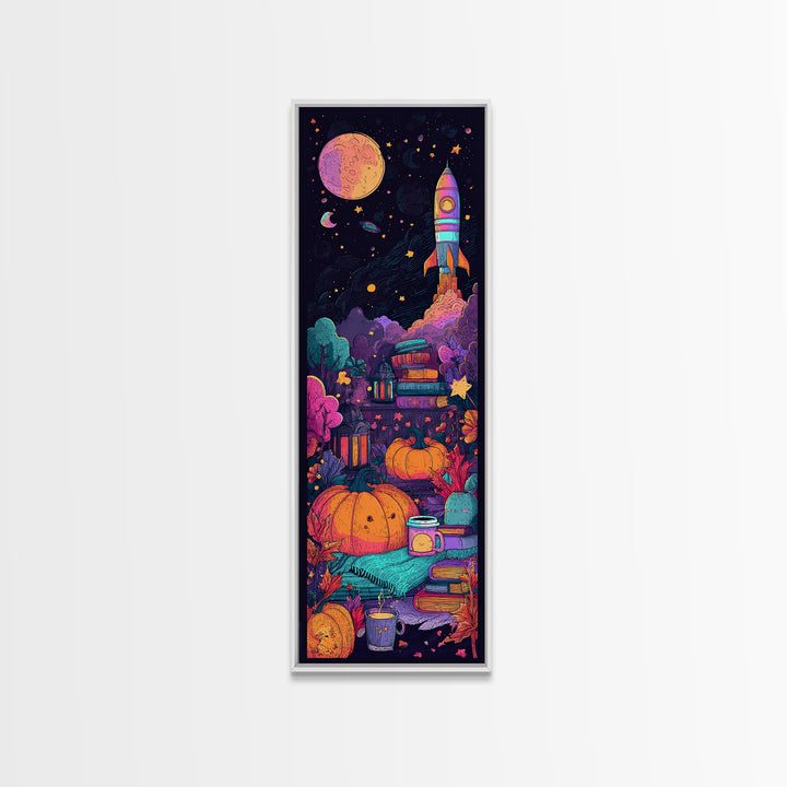The Pumpkin Rocket Ship, 80s Halloween Wall Art, Tall Narrow Wall Art, Framed Canvas Print, Retro Halloween Decor, Neon Wall Art