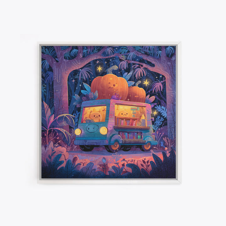 The Pumpkin Bookmobile, Synthwave Halloween Art, Square Wall Art, Framed Canvas Print, Retro Halloween Decor, Neon Wall Art