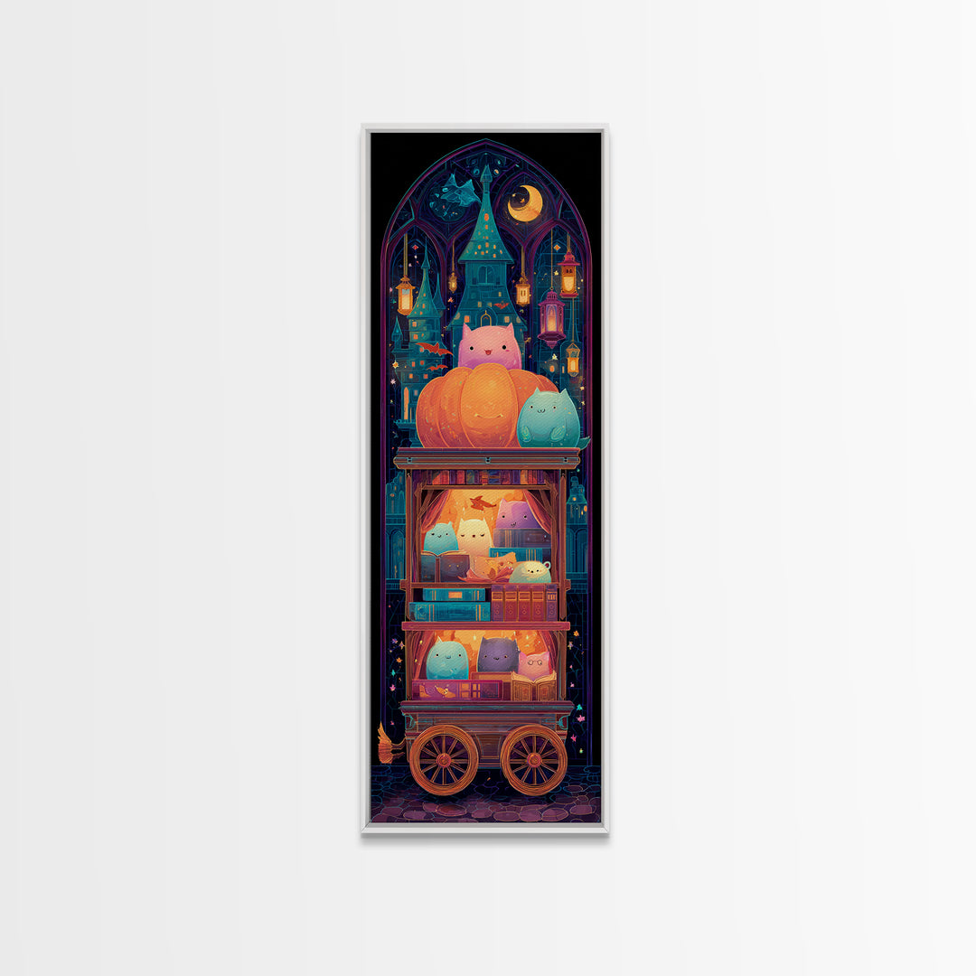 The Pumpkin Bookmobile, Retro Neon Halloween Art, Tall Narrow Wall Art, Canvas Print, Retro Halloween Decor, Neon Wall Art, Dark Fantasy Art