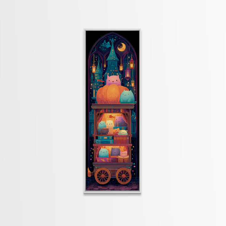 The Pumpkin Bookmobile, Retro Neon Halloween Art, Tall Narrow Wall Art, Canvas Print, Retro Halloween Decor, Neon Wall Art, Dark Fantasy Art
