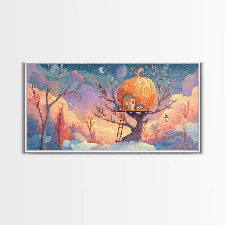 The Pumpkin Treehouse, Cute Spooky Neon Art, Wide Panoramic Art, Framed Canvas Print, Retro Halloween Decor, Neon Wall Art