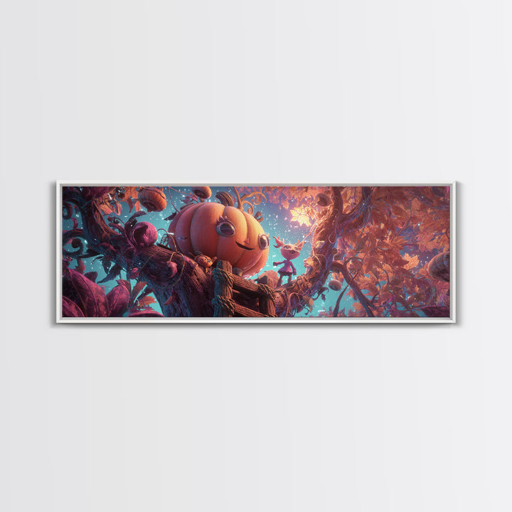 The Pumpkin Treehouse, Vaporwave Halloween Decor, Extra Wide Wall Art, Canvas Print, Retro Halloween Decor, Neon Wall Art