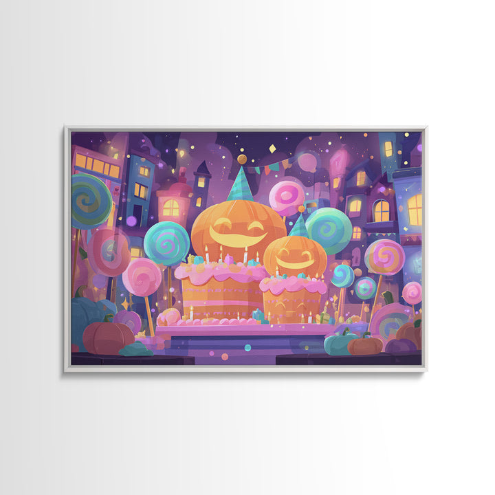 The Great Pumpkin Birthday Party, Cute Spooky Neon Art, Landscape Wall Art, Canvas Print, Retro Halloween Decor, Neon Wall Art