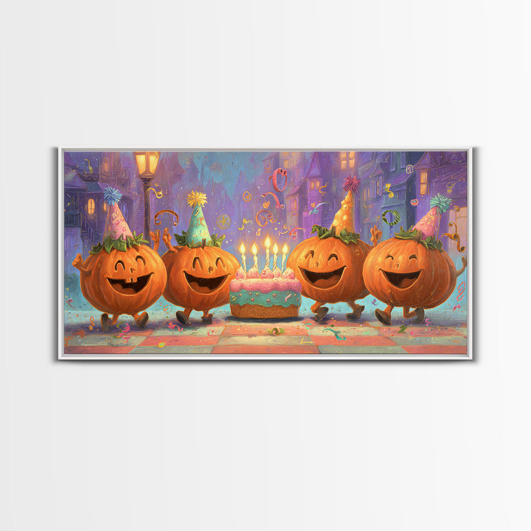 The Great Pumpkin Birthday Party, 80s Halloween Wall Art, Wide Panoramic Art, Framed Canvas Print, Retro Halloween Decor, Neon Wall Art