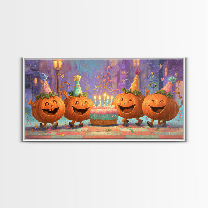 The Great Pumpkin Birthday Party, 80s Halloween Wall Art, Wide Panoramic Art, Framed Canvas Print, Retro Halloween Decor, Neon Wall Art