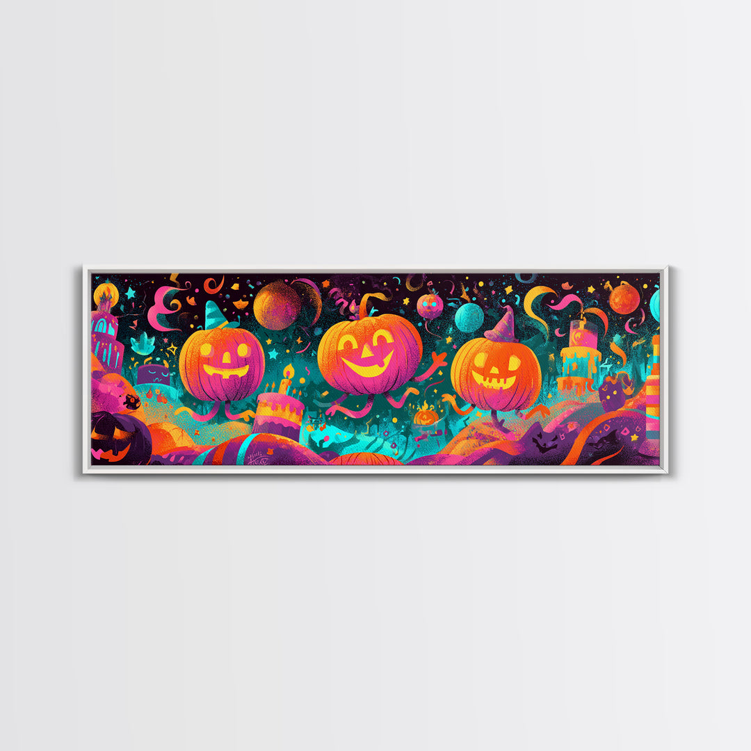 The Great Pumpkin Birthday Party, 80s Halloween Wall Art, Extra Wide Wall Art, Canvas Print, Retro Halloween Decor, Neon Wall Art