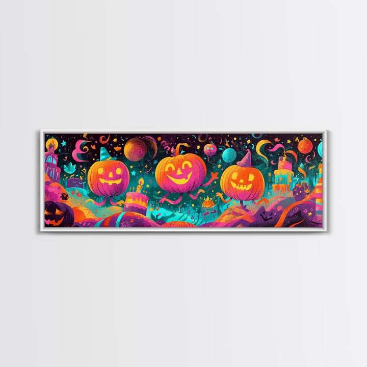 The Great Pumpkin Birthday Party, 80s Halloween Wall Art, Extra Wide Wall Art, Canvas Print, Retro Halloween Decor, Neon Wall Art