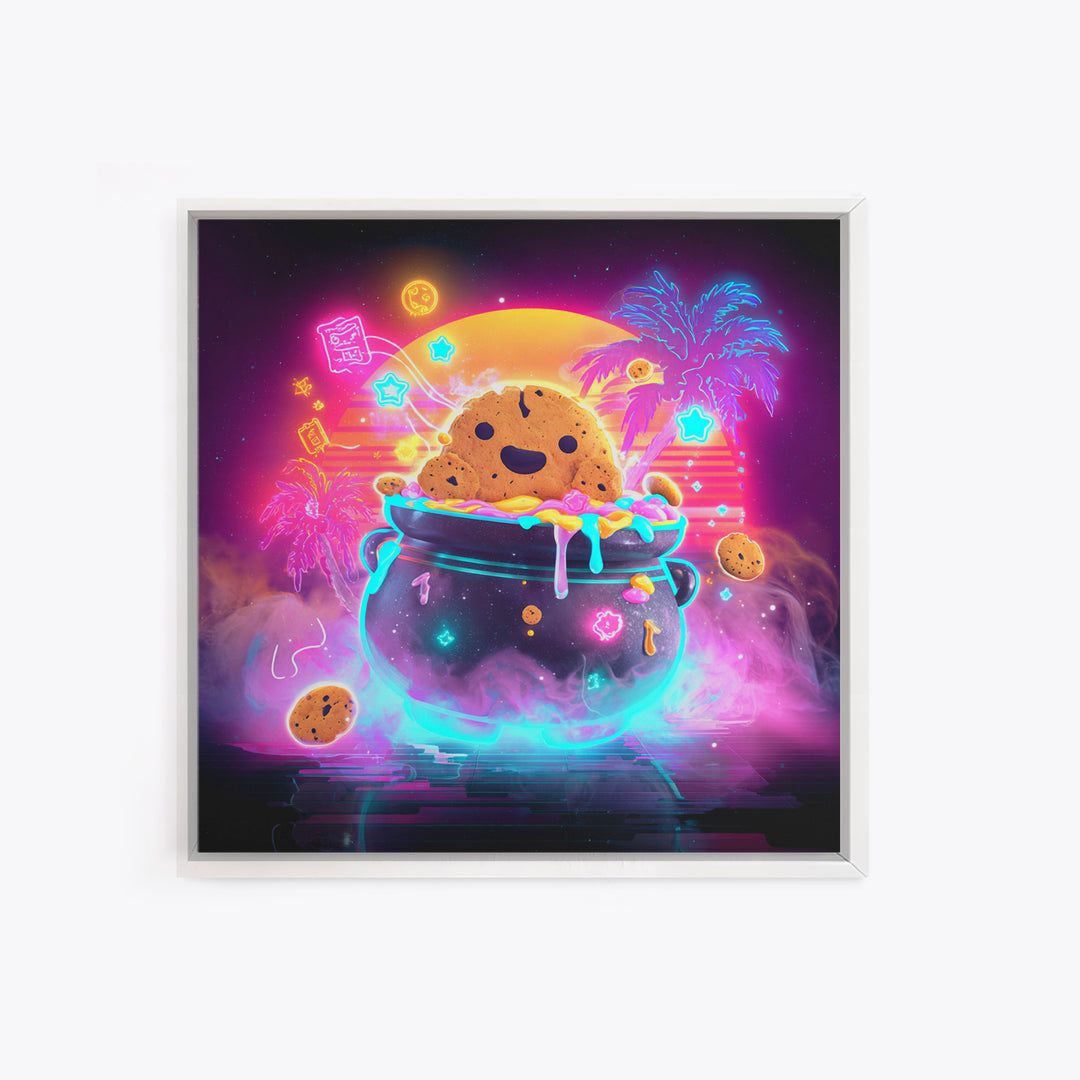 The Cookie Cauldron, Vaporwave Halloween Decor, Square Wall Art, Framed Canvas Print, Retro Halloween Decor, Neon Wall Art