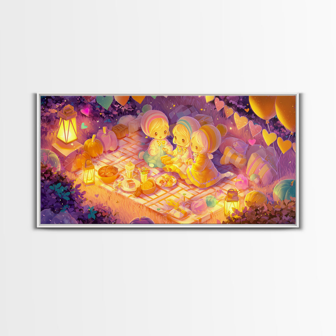 The Candy Corn Picnic, Synthwave Halloween Art, Wide Panoramic Art, Framed Canvas Print, Retro Halloween Decor, Neon Wall Art