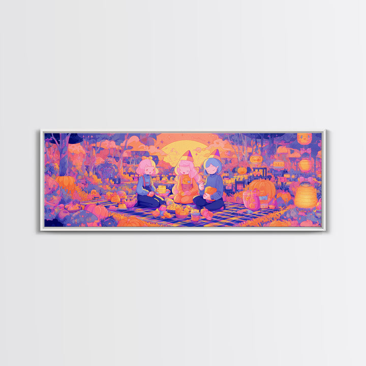 The Candy Corn Picnic, Cute Spooky Neon Art, Extra Wide Wall Art, Canvas Print, Retro Halloween Decor, Neon Wall Art, Gothic Home Decor