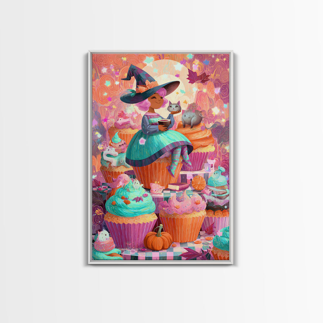 The Cupcake Costume Contest, Cute Spooky Neon Art, Vertical Wall Art, Canvas Print, Retro Halloween Decor, Neon Wall Art, Halloween Wall Art